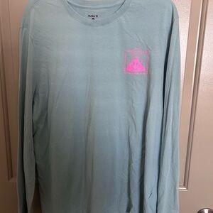 Hurley Light Blue Long Sleeve Shirt with Neon Pink Chest Graphic